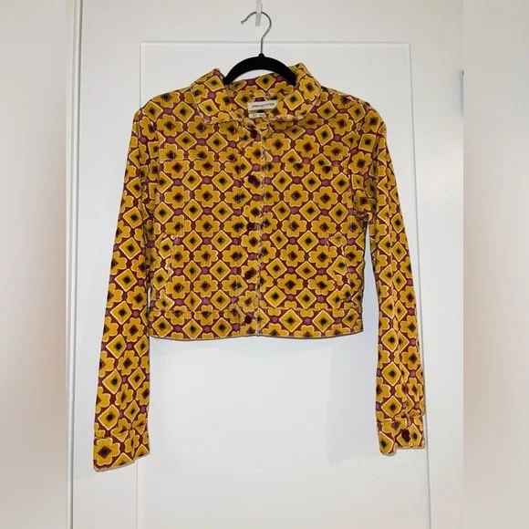 Urban Outfitters Neutral Floral Geometric Y2K Cropped Cotton Jacket Yellow M - Picture 2 of 8